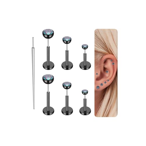 Gotumo 16G 18G 20G Flat Back Earrings Stud Titanium Threadless Nose Rings Tragus Labret Cartilage Lip Medusa Conch Body Piercing Jewelry Hypoallergenic for Women Men - color: Black, size: 18G Bar 5/6/7mm & CZ 2/3/4mm