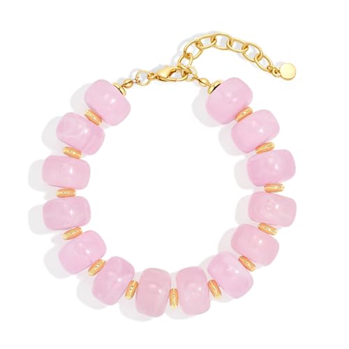 WOWORAMA Colorful Beaded Bracelets for Women Multicolor Acrylic Resin Beads Bracelet with Heart Charm Boho Statement Chunky Bracelet Summer Holiday Jewelry - color: Bead-Pink