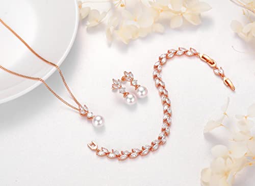 Wedding Jewelry for Bride Bridesmaid, Pearl Dangle Earrings and Pendant Necklace Set Bridal Jewelry for Promise Wedding Party - color: 3#Rose gold-1 Set-Necklace/Bracelet/Earrings