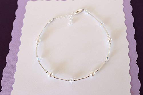 Anklet White Pearl & Iridescent Crystal Sterling Silver Beach Wedding Bridesmaid Anniversary Gift - style: Large 9 1/2 to 11"