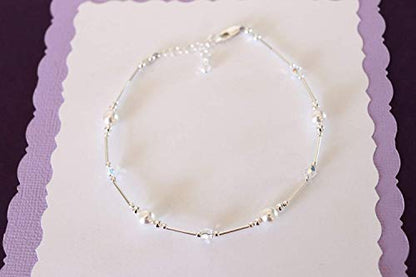 Anklet White Pearl & Iridescent Crystal Sterling Silver Beach Wedding Bridesmaid Anniversary Gift - style: Large 9 1/2 to 11"