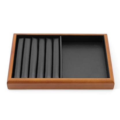 Solid Wood 2-in-1 Stackable Jewelry Display Tray | Solid wood frame & scratch-proof PU lining, 2-in-1 stackable tray for home vanity & retail jewelry display - color: Black, size: Ring/Flat Tray