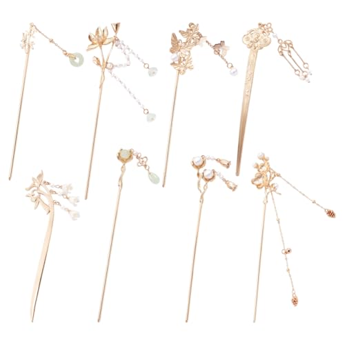 8 Pieces Retro Vintage Asian Japanese Gold Metal Long Hair Sticks Pins with Pearl Jade Tassels Pendants Chinese Hanfu Hair Chopsticks Picks Bun Forks Holders Hairpins Headpieces (Set A)