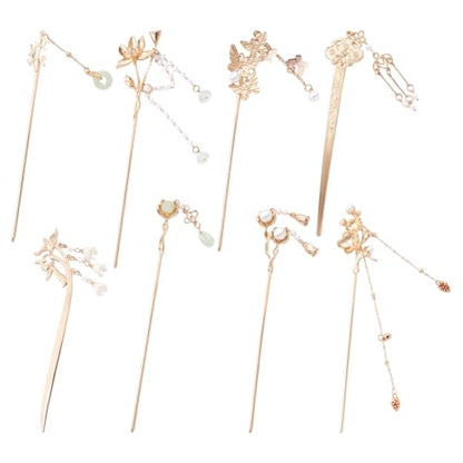 8 Pieces Retro Vintage Asian Japanese Gold Metal Long Hair Sticks Pins with Pearl Jade Tassels Pendants Chinese Hanfu Hair Chopsticks Picks Bun Forks Holders Hairpins Headpieces (Set A)