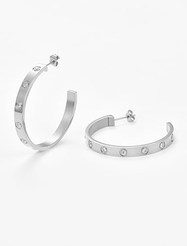 Love Friendship Hoop Earrings Set for Women 18K Gold and Silver Stainless Steel with Cubic Zirconia Stones Jewelry - style: One pair - Silver