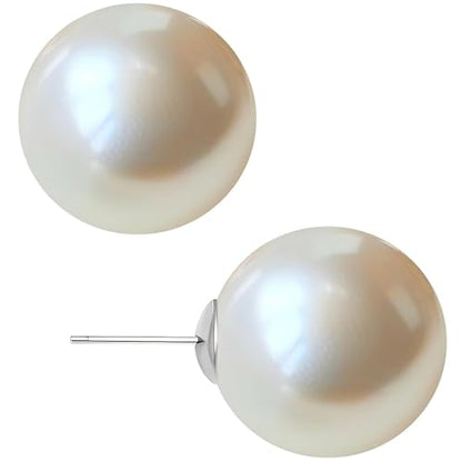 White Faux Pearl Stud Earrings, S925 Silver Posts Hypoallergenic for Women - color: Creamy White, size: 14mm