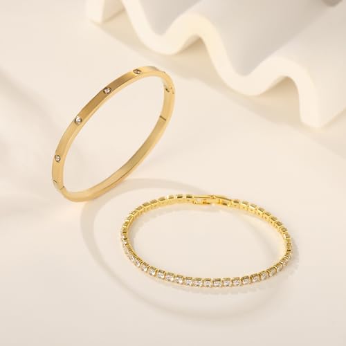 18K Gold Plated Dainty Tennis Bracelets Set 4mm/6mm Love Bangle Bracelets with 3mm/4mm Cubic Zirconia Classic Tennis Bracelet| Gold Bracelets for Women | Size 6.5/7/7.5 Inch - color: 3mm&4mm Gold Tennis Bangle, size: 7 Inches