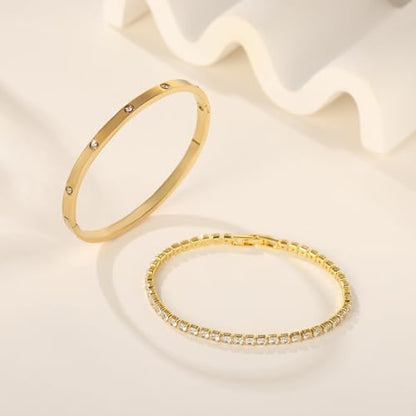 18K Gold Plated Dainty Tennis Bracelets Set 4mm/6mm Love Bangle Bracelets with 3mm/4mm Cubic Zirconia Classic Tennis Bracelet| Gold Bracelets for Women | Size 6.5/7/7.5 Inch - color: 3mm&4mm Gold Tennis Bangle, size: 7 Inches