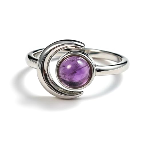 Sun and Moon Ring, Adjustable Natural Stone Rings for Women & Men, Boho Celestial Jewelry for Daily Wear - color: Amethyst