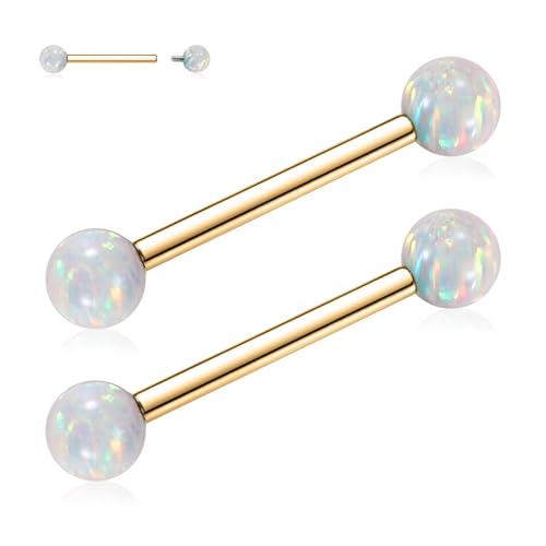 Opal Nipple Rings G23 Titanium Nipple Jewelry for Women Bridge Rings | 14G Nipple Piercings,Internally Threaded Nipple Barbells,1 Pair Tongue Rings,Nipple Bars,Straight Barbells 12mm-18mm - color: Styele2:White Opal,Gold, size: 14G+9/16"(14mm)