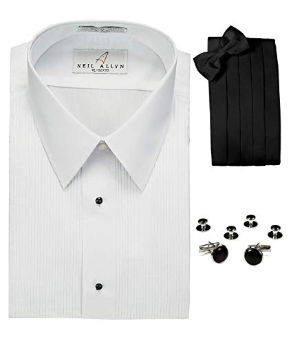 Lay-Down Collar Tuxedo Shirt, Cummerbund, Bow-Tie, Cuff Links and Studs Set - size: 2XL, Neck 18"-18.5", Sleeve length 36"-37"