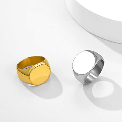 GoldChic Jewelry Personalized Signet Rings Men Women, Stainless Steel Custom Photo Bold Square/Oval Monogram/Old English Initial Pinky Stacking Statement Ring in Black/Silver/Gold (Size 7-14) - color: Gold-Blank - Round