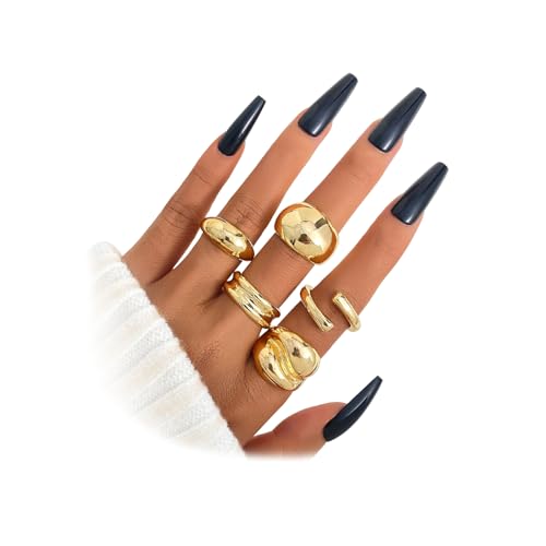 Chunky Rings for Women Non Tarnish 14k Stackable Dome Statement Rings Sets Vintage Dainty Knuckle Open Midi Finger Rings Jewelry Pack Gifts - style: 5PCS-2
