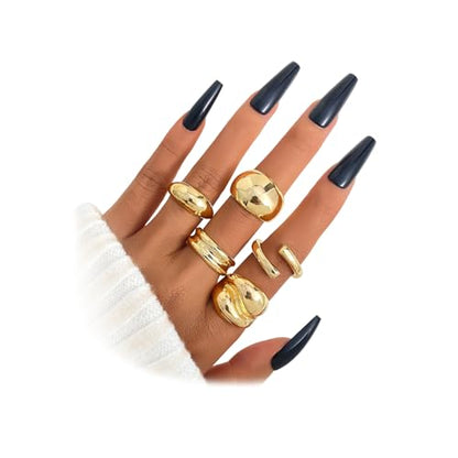 Chunky Rings for Women Non Tarnish 14k Stackable Dome Statement Rings Sets Vintage Dainty Knuckle Open Midi Finger Rings Jewelry Pack Gifts - style: 5PCS-2