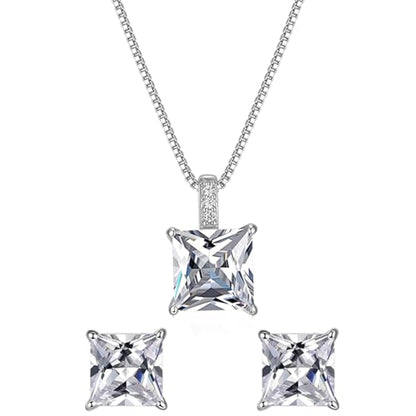 925 Sterling Silver Cubic Zirconia Necklace and Earrings Set for Women, Heart, Cushion, Round, Emerald Cut CZ, Solitaire Bezel Jewelry Set, CZ Bridal Jewelry Set, Bridesmaid Gift - style: Princess Cut