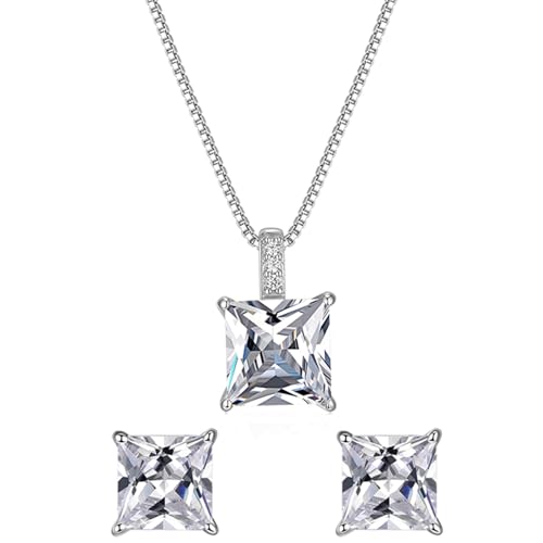 925 Sterling Silver Cubic Zirconia Necklace and Earrings Set for Women, Heart, Cushion, Round, Emerald Cut CZ, Solitaire Bezel Jewelry Set, CZ Bridal Jewelry Set, Bridesmaid Gift - style: Princess Cut