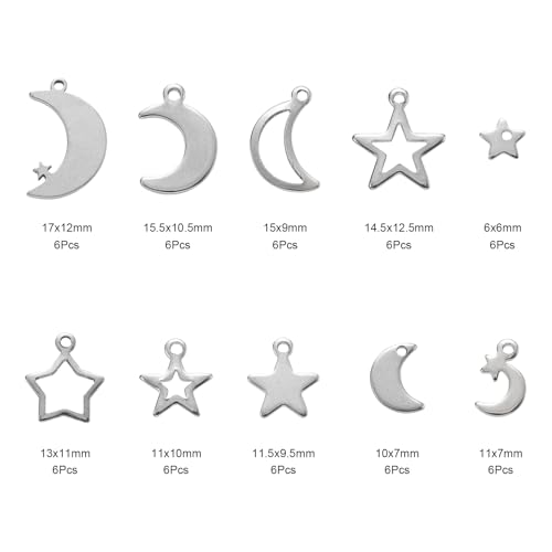 8-64Pcs Silver Goldern Color Heart Pendants Charms 10 Styles Heart Stainless Steel Metal Charms for Jewelry Making Crafting Necklaces Bracelets Earrings Keychains Birthday Gift - color: Moon Star-60 pcs
