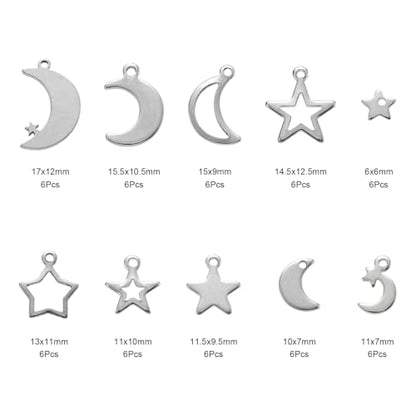 8-64Pcs Silver Goldern Color Heart Pendants Charms 10 Styles Heart Stainless Steel Metal Charms for Jewelry Making Crafting Necklaces Bracelets Earrings Keychains Birthday Gift - color: Moon Star-60 pcs