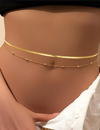 8Pcs Waist Chain 18K Gold Plated Belly Belt Chains Sexy Bikini Summer Beach Satellite Beaded Sequin Snake Layered Coin CZ Body Chain Jewelry Accessories for Women Gold Silver Tone Adjustable - color: Gold