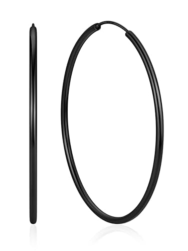 ChicSilver 925 Sterling Silver Hoop Earrings for Women Hypoallergenic, Lightweight Large Gold Plated Silver Hoop Earrings, Endless Hoops Earring 20/30/40/50/60/70MM - color: A. High Polished Black, size: 60mm