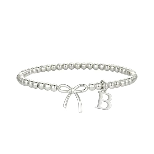 Letter A-Z Bracelets for Women Teen - Inital Beaded Bracelet with Bowknot Charm, Dainty Stretch Stackable Bracelet, Trendy Jewelry Gifts for Birthday Easter Basket Stuffers - style: Silver: B