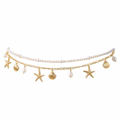Gold Starfish Seashell Waist Chain Belt, 2Pcs Adjustable Layered Belly Chain, Boho Mermaid Pearl Body Chains, Shell Beaded Bikini Body Chains Mermaid Costume Accessories
