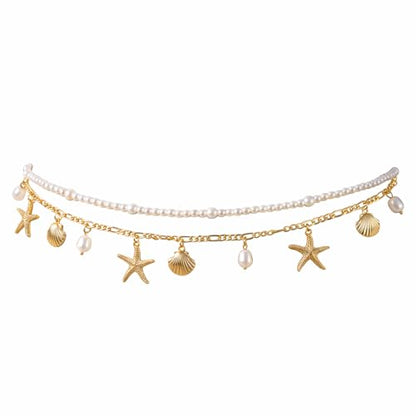 Gold Starfish Seashell Waist Chain Belt, 2Pcs Adjustable Layered Belly Chain, Boho Mermaid Pearl Body Chains, Shell Beaded Bikini Body Chains Mermaid Costume Accessories