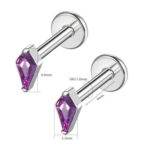 BelezaDosas G23 Hypoallergenic 18g Flat Back Studs Earrings F136 Implant Grade Titanium Tiny Press Fit Threadless Push in Cartilage Helix Labret Lip Conch Tragus Piercing Jewelry - style: BD-Rhombus-Purple