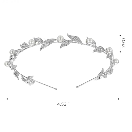 SWEETV Silver Bridal Headband, Pearl and Crystal Leaf Wedding Hair Accessories, Delicate Rhinestone Tiara Headpiece for Brides Bridesmaids Girls Prom Party