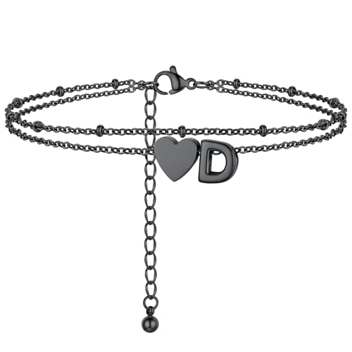 Initial Ankle Bracelets for Women, Dainty Stainless Steel Letter A-Z Layered Anklets, Heart Ankle Bracelet 8.5"-10.5" Adjustable, Summer Beach Jewelry, Come with Box - color: Black, size: D