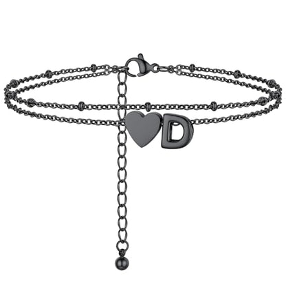 Initial Ankle Bracelets for Women, Dainty Stainless Steel Letter A-Z Layered Anklets, Heart Ankle Bracelet 8.5"-10.5" Adjustable, Summer Beach Jewelry, Come with Box - color: Black, size: D