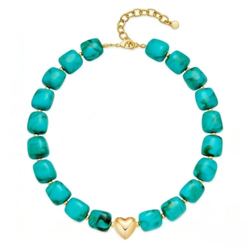 Multicolor Beaded Necklace,Chunky Cube Beaded Statement Necklace, Boho Resin Choker Necklace for Women,Lightweight & Cool, Suitable for Beach, Vacation, Daily Wear & Summer Parties - color: Turquoise-Heart