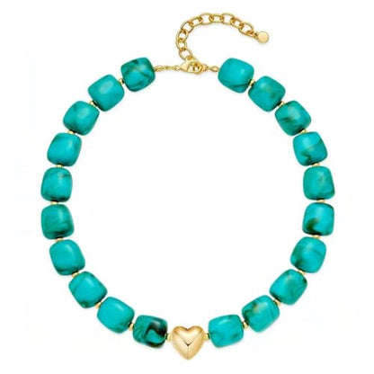 Multicolor Beaded Necklace,Chunky Cube Beaded Statement Necklace, Boho Resin Choker Necklace for Women,Lightweight & Cool, Suitable for Beach, Vacation, Daily Wear & Summer Parties - color: Turquoise-Heart