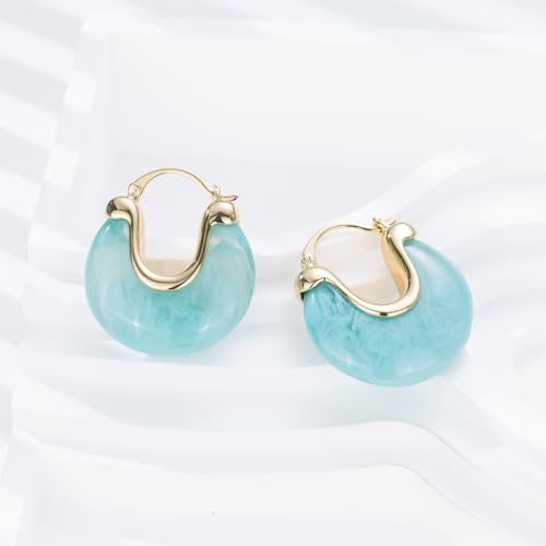 Chunky Gold Resin Hoop Earrings Leverback Statement Huggie Hoops Dangle Drop Dressy Earring Prom Festival Vacation Jewelry for Women - color: Teal, size: Drop