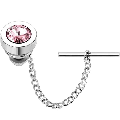 HAWSON Mens Tie Tack with Chain Round Crystal Wedding Business Accessories - color: Silver + Light Rose