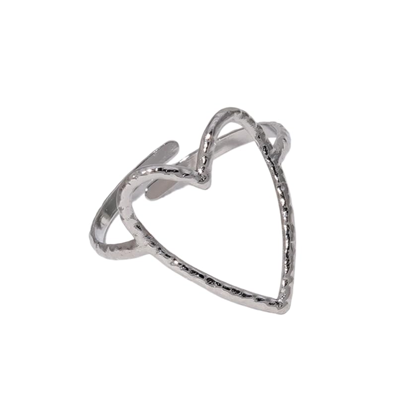 Hollow Heart Titanium Steel Ring for Women Open heart shaped stainless steel ring Irregular Hammered Heart Adjustable index finger Ring - color: silver