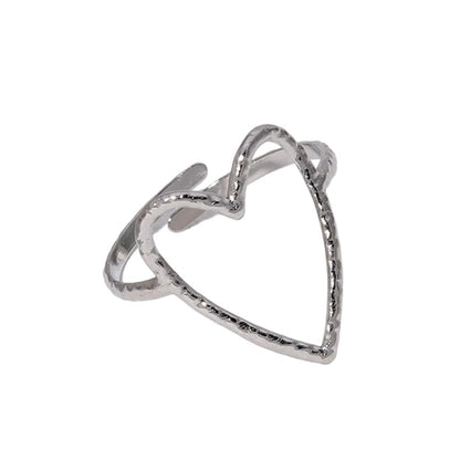 Hollow Heart Titanium Steel Ring for Women Open heart shaped stainless steel ring Irregular Hammered Heart Adjustable index finger Ring - color: silver