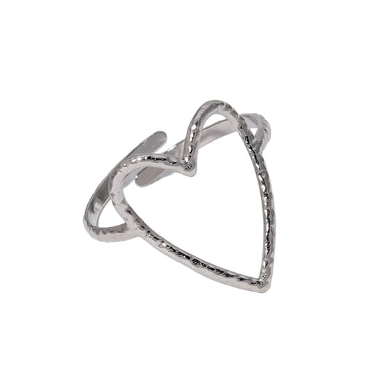 Hollow Heart Titanium Steel Ring for Women Open heart shaped stainless steel ring Irregular Hammered Heart Adjustable index finger Ring - color: silver