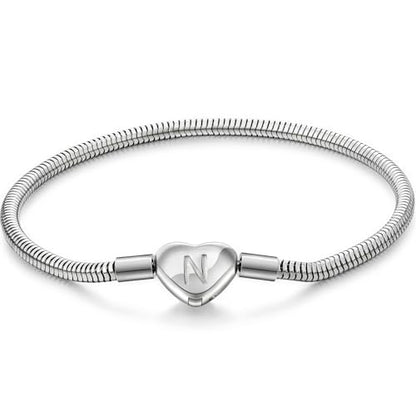 Initial Bracelet Heart Clasp Stainless Steel Snake Chain Alphabet Letter Charm Gift for Women Mom Girlfriend Wife - style: N