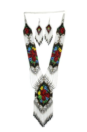 Long Beaded Necklace – Boho Native Handmade Seed Bead Tassel Necklace, Bohemian Large Statement Beaded Necklace for Women - color: White Rose Red