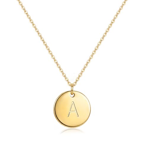 Bemoly Initial Necklace for Women Round 11MM Coin Disc Double Side Engraved Letter A-Z Hammered Pendant 14K Gold Plated Personalized Alphabet Birthday Jewelry 17.5" - style: A.