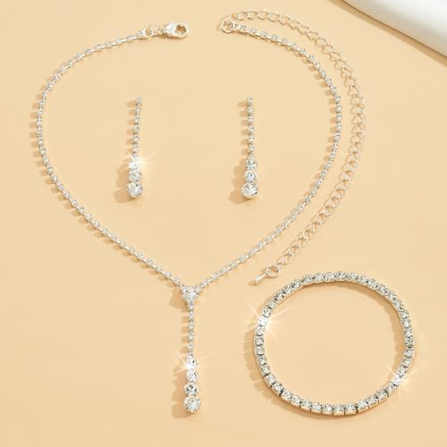 MIFYNN Rhinestone Wedding Set for Women Sparkle Crystal Earrings Necklace Bracelet Jewelry Set Wedding Party Prom Jewelry Set for Brides Bridesmaid - color: Silver