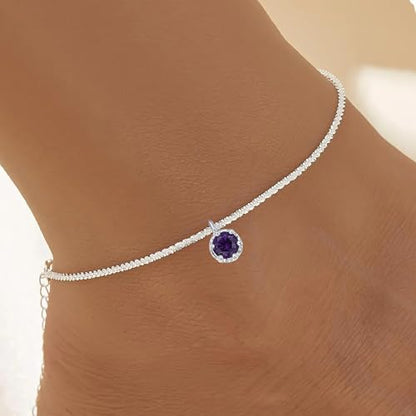 Wellike Silver Ankle Bracelets For Women Waterproof Birthstone Anklets Adjustable Sparkly Chain Silver Plated Stainless Steel Anklet Non Tarnish Jewelry - color: KKWJL185-6