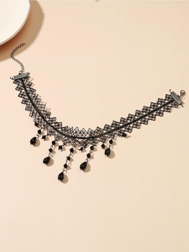 Lace Choker Necklace for Women Tassel Pendant Choker Necklaces Elegant Boho Collar Necklaces Statement Artistic Chain Necklace with Pearl Halloween Party Cosplay Costume Jewelry - color: Black Beads-1