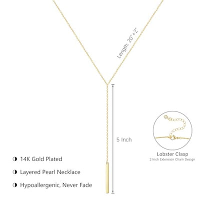 HAXIYA Gold Pearl Y-Shaped Necklace for Women Layered Lariat Long Pendant | 14K Gold Plated/Sterling Silver Dainty Drop Chain Layered Pearl/Beaded Necklaces Simple Gold Jewelry for Women - color: Bar - Gold