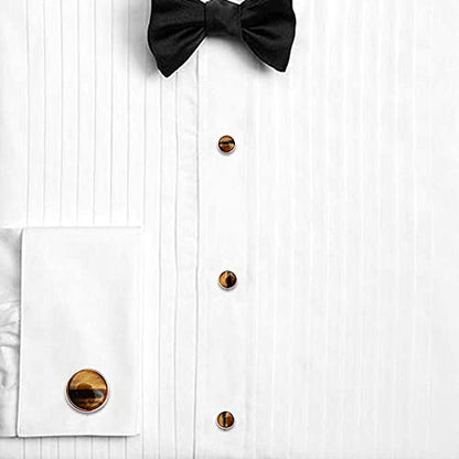 HAWSON Cufflinks and Tuxedo Studs Set for Men with Gift Box, Mother-of-Pearl Cuff links for French Cuff Shirt and Dress Shirt, Suitable for Wedding, Birthday, Party - style: Rose Gold & Tiger Eye