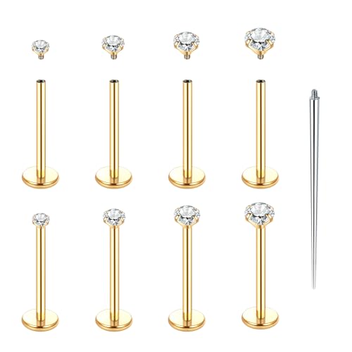 Xpircn Flat Back Stud Earrings 14K Gold Plated Internally Threaded CZ Stud Piercing Jewelry for Tragus Helix Cartilage Conch Nose Hypoallergenic Lip Labret Medusa Piercing 16G 18G - color: 18 Gauge, Gold, size: 12mm Bar