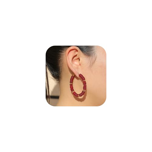 Wellike Beaded Hoop Earrings for Women Natural Stone Pink Gold Huggie Earrings Hypoallergenic Dainty Waterproof Trendy Jewelry - color: Burgundy, size: 50mm