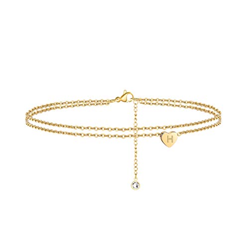 Heart Initial Ankle Bracelets for Women, 14K Gold Filled Handmade Dainty Layered Anklet Letter Initial Heart Ankle Bracelets for Women Beach Jewelry Gifts - style: H