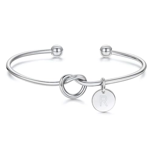 M MOOHAM Gold Initial Bracelets Gifts for Women Teen Girls - Dainty Tie the Knot Letter A-Z Initial Bracelet for Women 14K Gold Plated Cuff Bracelet Jewelry Personalized Bridesmaid Proposal Gifts - style: R - Silver